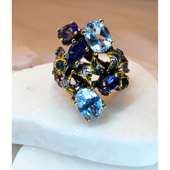 Stunning Blue Topaz- Iolite Sterling Silver Ring Botanical Vines Size 8 Cocktail - Picture 2 of 9